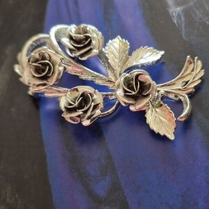 Vintage Coro Silver Floral Leaf Branch Rose Brooch